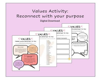 Puede incluir: Una descarga digital titulada "Actividad de valores: reconecta con tu propósito". La imagen muestra varias hojas de trabajo con la palabra "VALORES" y indicaciones para la autorreflexión. Las hojas de trabajo están sobre un fondo rosa.