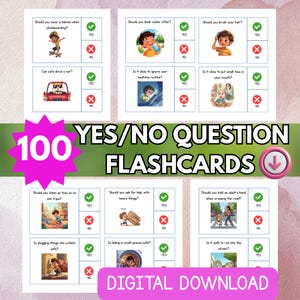 Può includere: Un set di 100 schede didattiche di domande Sì/No per bambini. Ogni scheda presenta una domanda con illustrazioni e opzioni di risposta "Sì" e "No". Sono visibili anche le parole "Download digitale".