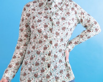 Vintage 70er Jahre Floral seidig Button Down Shirt Medium