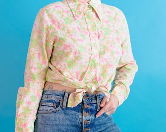 Vintage 70er Jahre Pastell floral Knopf nach unten Shirt Medium