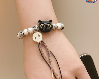 Y2K Katzen Bettelarmband: Skeleton Quaste, verstellbare Perlenkette