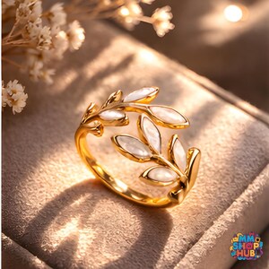 Puede incluir: Un anillo dorado con un diseño de hojas y detalles blancos de forma ovalada. El anillo se encuentra sobre un fondo neutro, con una iluminación suave que resalta sus detalles. Es una pieza de joyería.