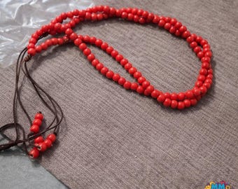Handgefertigte rote Perlenkette - Wachskordel verstellbar, Boho Ethnic Twist, langer Statement Schmuck