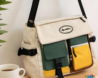 Nylon Canvas Crossbody Bag, Multi-Pocket Messenger Bag, Color Block Design