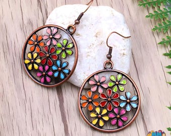 Boho Bunte Emaille Ohrringe, Vintage Runde Baumeln Schmuck