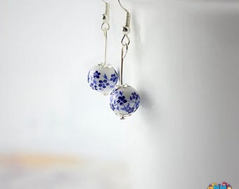 Blue & White Porcelain Heart Earrings: Boho Vintage Stainless Steel