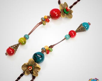 Boho Floral Keramik Anhänger Halskette - Lange Pullover Schmuck