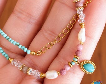 Natural Stone Pearl Necklace – Turquoise Teardrop Pendant, Beaded Gold Chain, Dainty Collarbone Jewelry Gift for Women