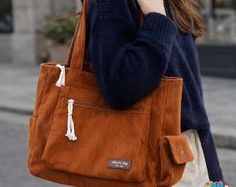 Einfache Cord Einkaufstasche - Retro Multi Pocket Schultertasche