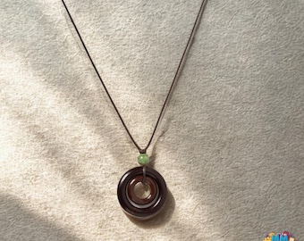 Boho Keramik - Holzkreis Anhänger Halskette - Handgemachter verstellbarer Schmuck für Männer & Frauen