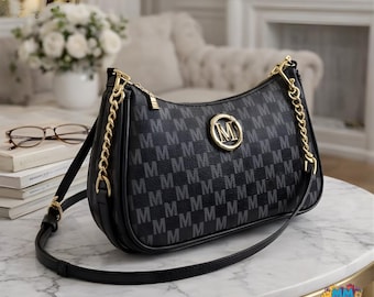 Vintage M Monogramm Umhängetasche, Gold Kette Crossbody Geldbörse