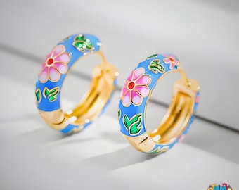Vintage Bunte Blumen Hoop Ohrringe für Frauen Emaille Metall Huggie Hoops Trendy Schmuck Geschenk