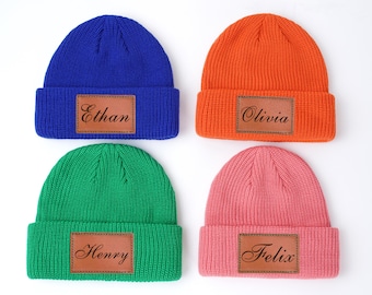 Leather patch beanies, name hats, custom engraved logo beanies, leather engraved patches, beanies, personalized beanies, corporate gift hats