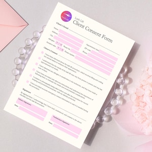 May include: A Lash Lift Client Consent Form with pink accents. The form includes sections for client details, consent, and signatures. The form is on a white background, with a pink envelope and a bouquet of pink flowers in the background.
