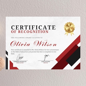 Red and Black Recognition Certificate Template| Elegant Employee Award| Editable Digital Download Design| Printable Award of Appreciation
