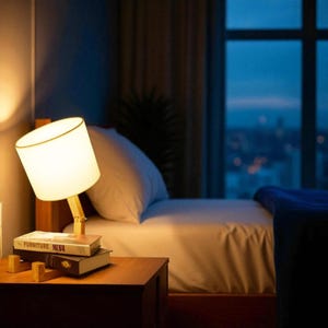 Vintage houten boekenlamp: rustieke bedlamp en plank