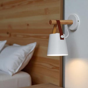 Modern Wood Wall Lamp with White Shade & Leather Strap - Bedroom Lighting
