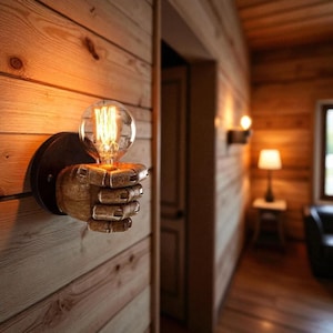 Wooden Hand Wall Lamp Unique Vintage Style Sconce Holding Edison Bulb Rustic Industrial Retro Decor Lighting for Bedroom, Living Room & Cafe