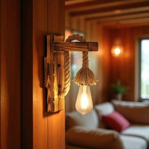 Rustic Rope Wall Sconce: Vintage Wood Light, Farmhouse Decor