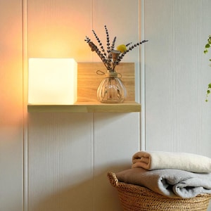 Minimalist Wooden Wall Lamp with Shelf: Natural Cube Light