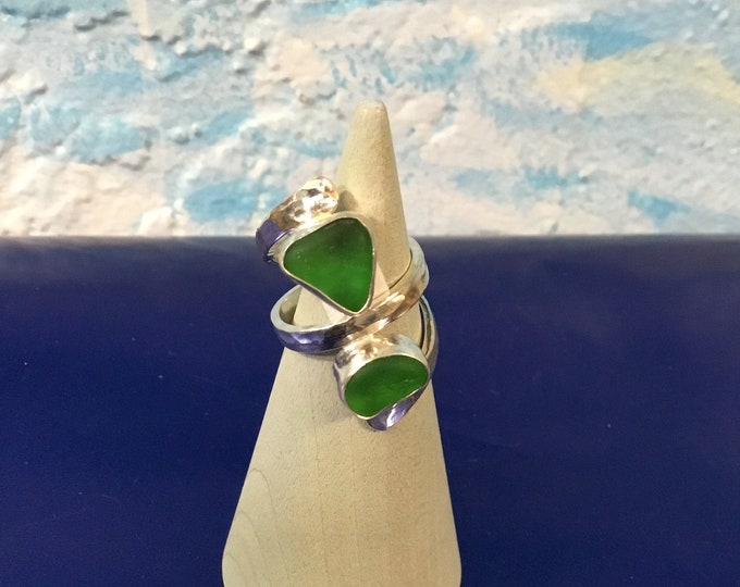 Bright green Seaglass and Sterling Silver Ring