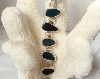 Sterling silver bezel set Seaham beach multi colored peacock blue/green hinged bracelet