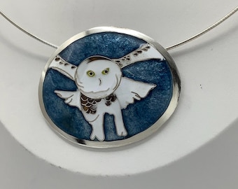 Cloisonné Enamel Snowy Owl Necklace