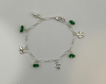 Green Seaglass and sterling silver charm bracelet