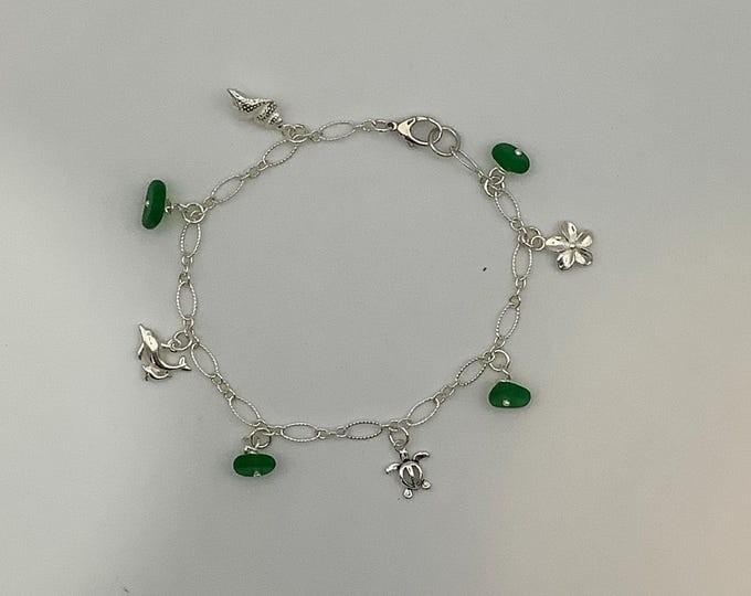 Green Seaglass and sterling silver charm bracelet