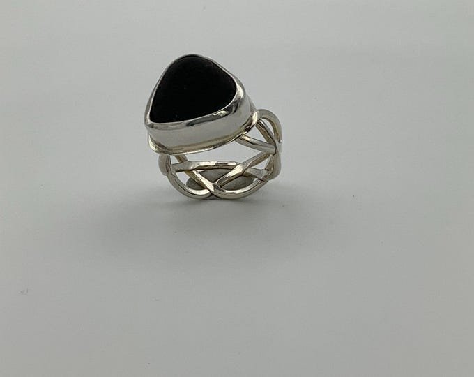 Dark Green Seaglass Ring Set in Sterling Silver
