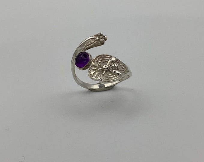 Sterling Silver Salt Spoon Ring with Amethyst stone