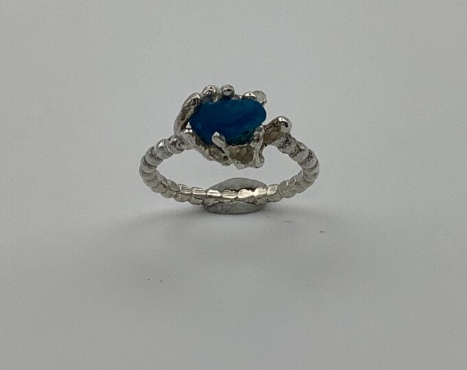 Electric Blue Seaglass Ring Set in Sterling Silver