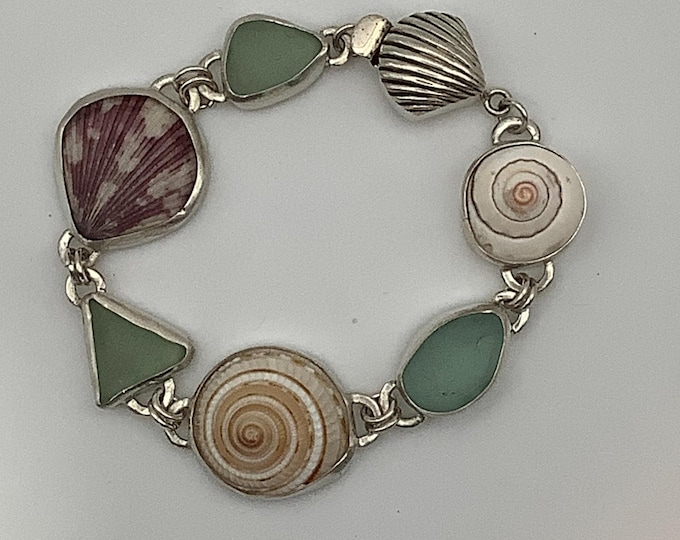 Seafoam Green Seaglass and Shells Sterling silver bracelet