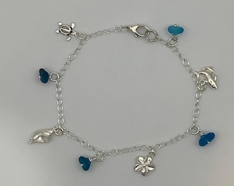 Blue Seaglass and sterling silver charm bracelet