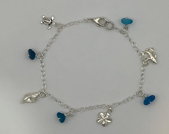 Blue Seaglass and sterling silver charm bracelet