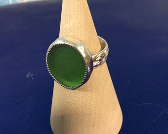 Green Ohajiki Seaglass and Sterling Silver Ring