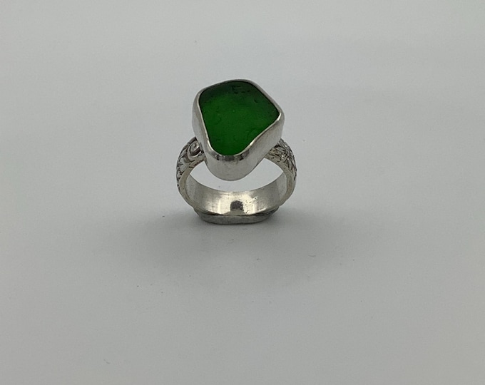Green Seaglass Ring Set in Sterling Silver