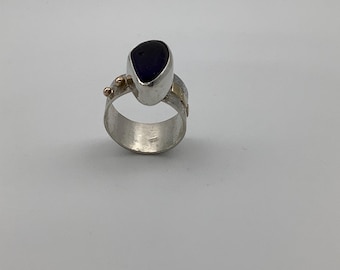 Cobalt Blue Seaglass set in Silver and Gold Ring