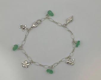 Green Seaglass and sterling silver charm bracelet
