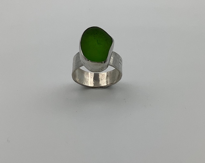 Bright Green Seaglass Ring Set in Sterling Silver