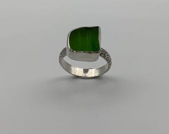 Green Seaglass Ring Set in Sterling Silver