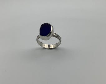 Blue Seaglass Ring Set in Sterling Silver