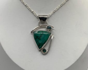 Opalized Petrified Wood and Tourmaline sterling silver necklace