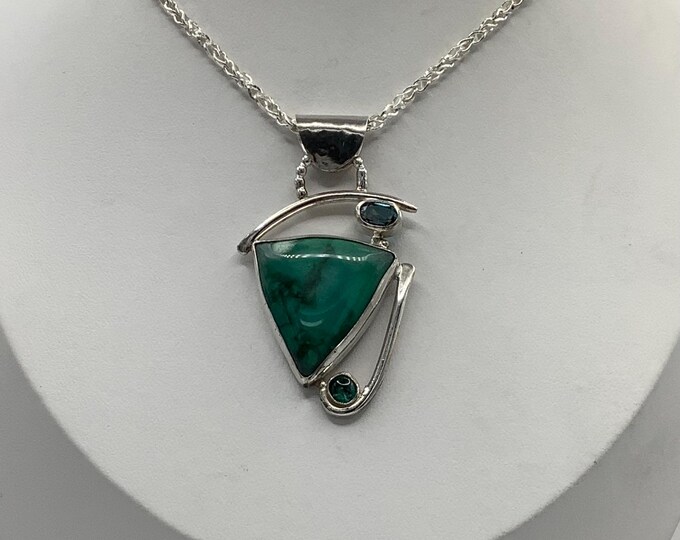Opalized Petrified Wood and Tourmaline sterling silver necklace