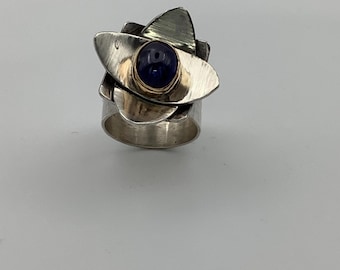 Sapphire Lotus Flower Sterling and gold  silver Ring