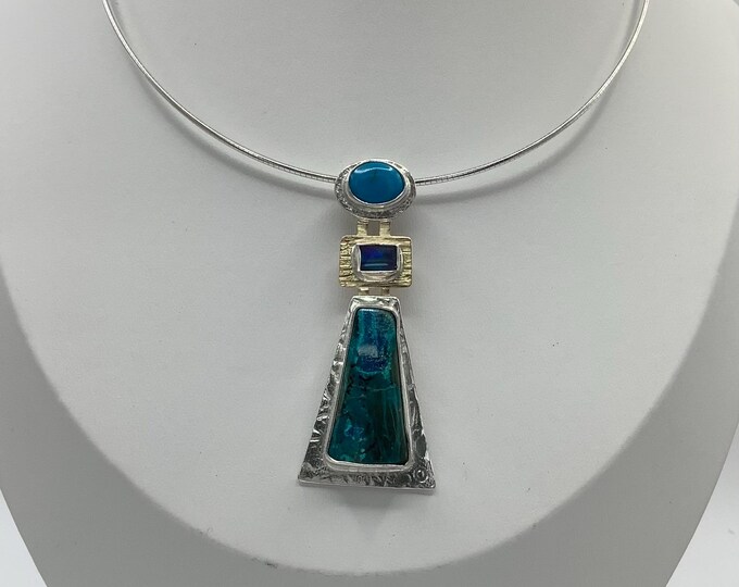 Azurite, Australian Opal, and Turquoise Silver and Gold Necklace
