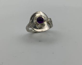 Sterling Silver Salt Spoon Ring with Amethyst stone
