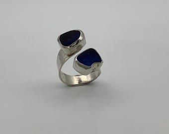 Peacock Blue Seaglass Ring Set in Sterling Silver