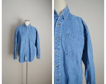 button front blouse Vintage jeans blouse 1990s blue denim shirt with embroidery and 34 length sleeves collared L or universal oversize