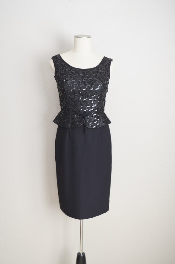 60s black cocktail sequin peplum holiday dress / … - image 2